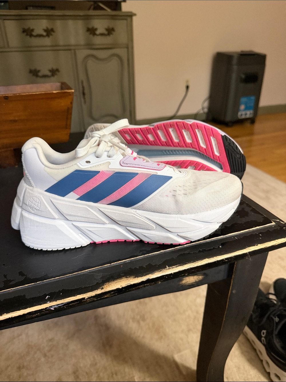 adidas White Running Sneakers with Blue & Pink Stripes